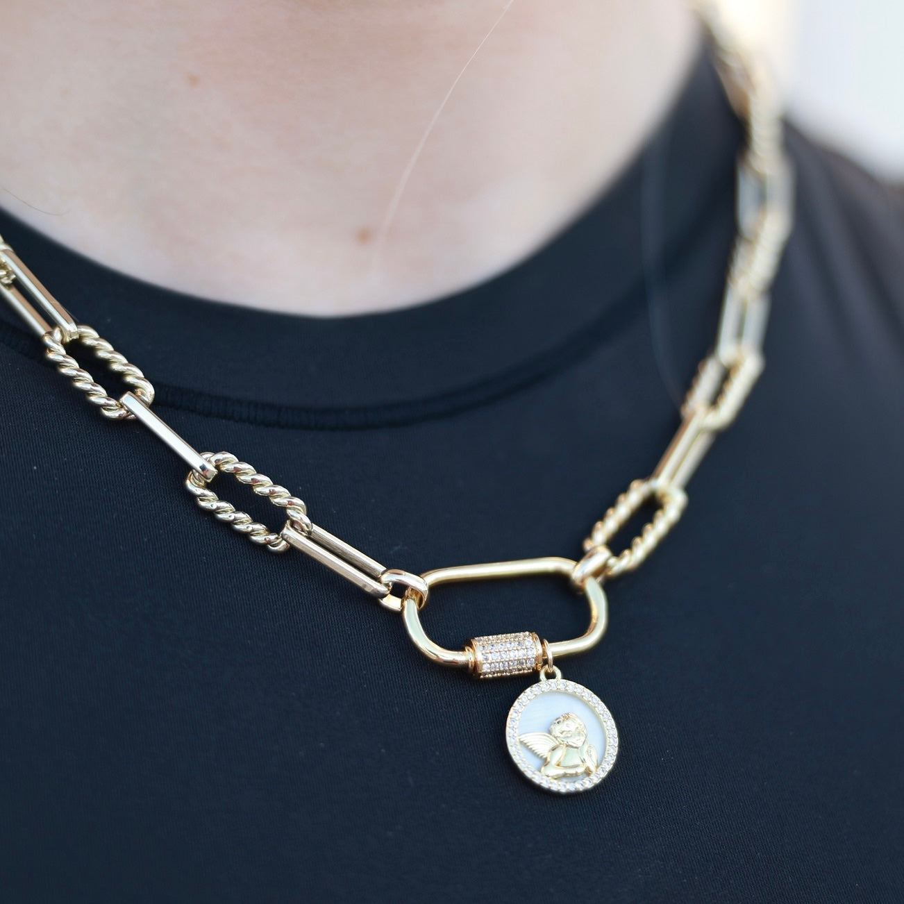 14k Gold Filled Carabiner Charm Necklace with Angel Charm