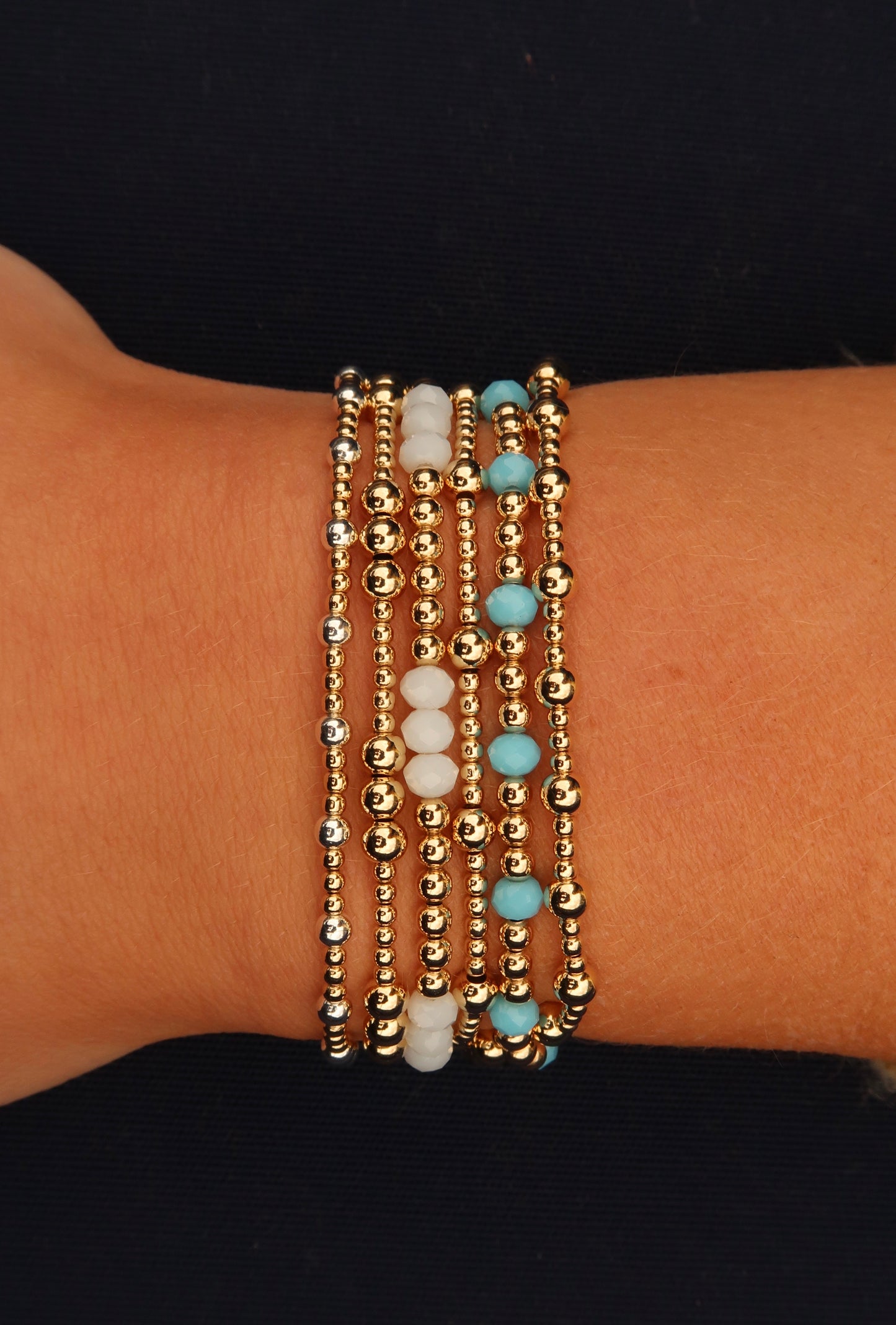 14K Gold Filled Beaded Bracelet with 3mm GF Beads and 4mm Blue Rondelle Beads