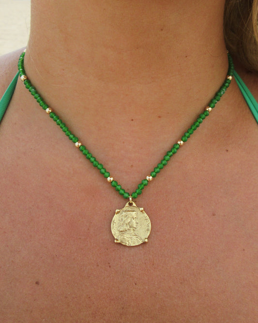 Green Beaded Necklace with Joan of Arc Charm
