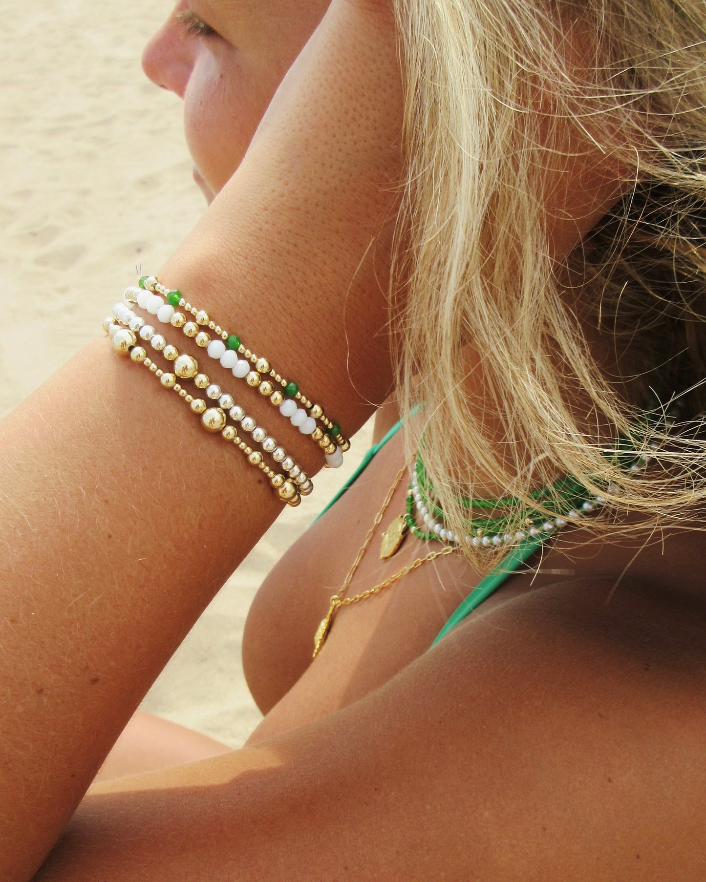 Gold and Green Beaded Bracelet