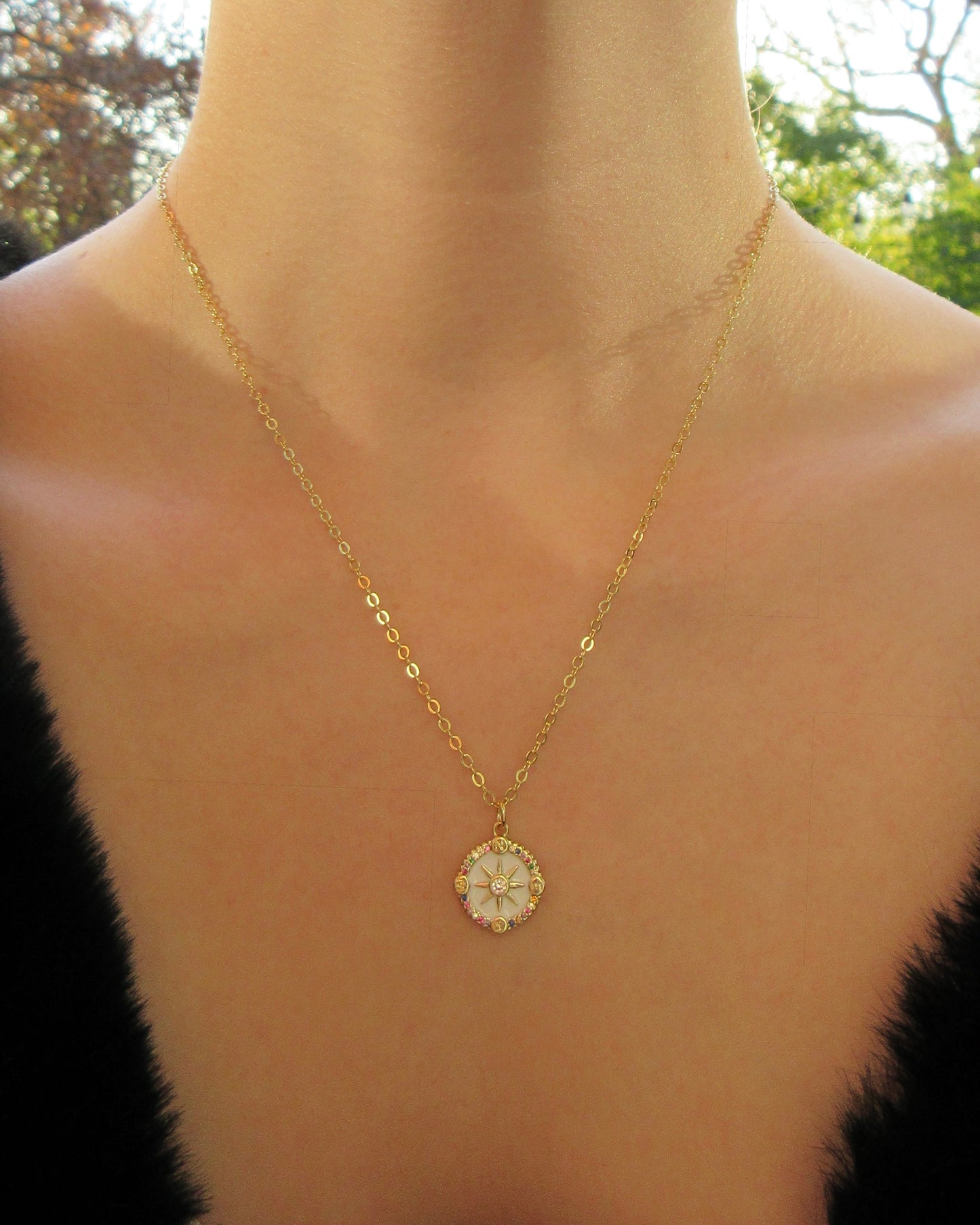 Gold Chain Necklace with Multicolor Compass Charm