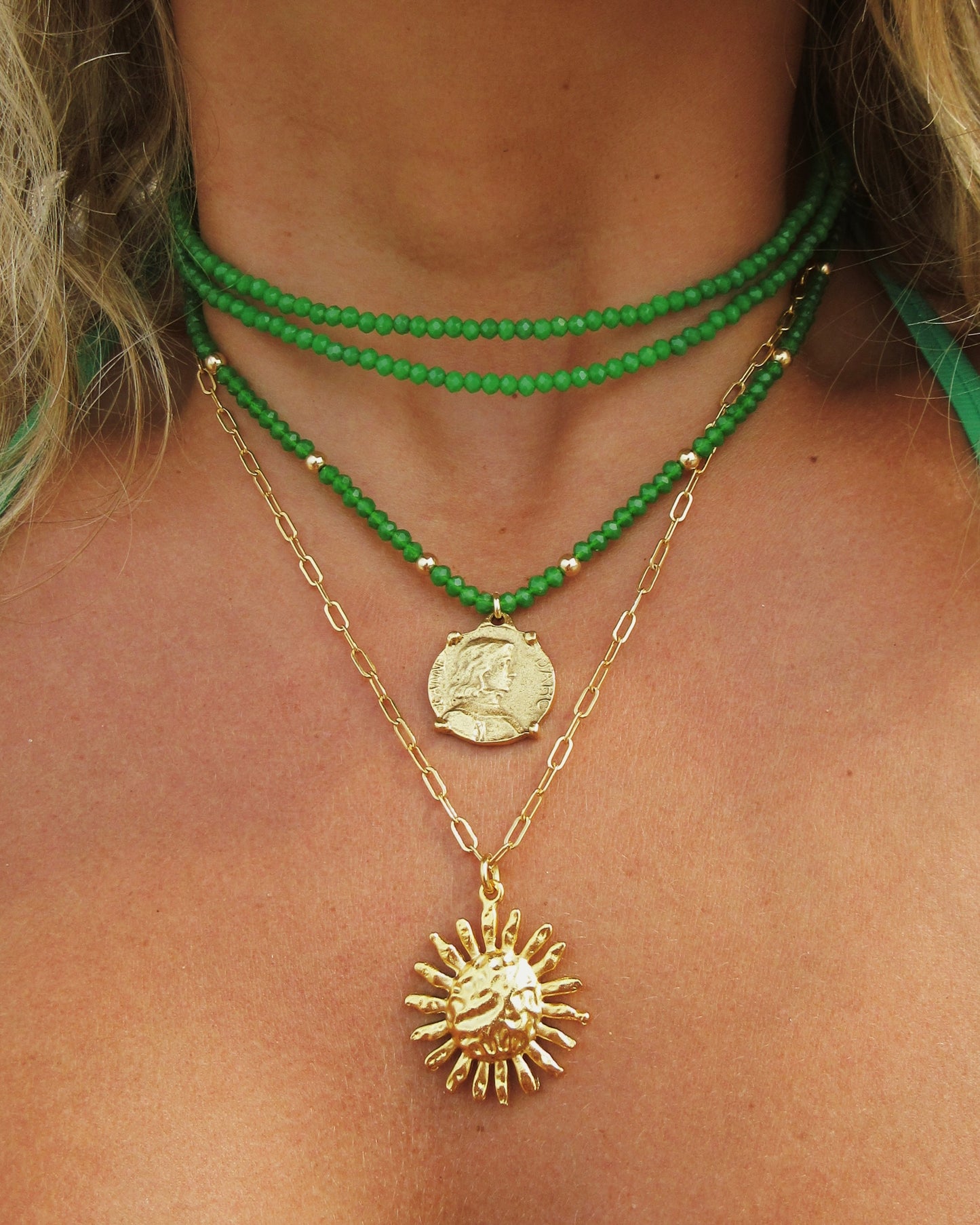 Green Beaded Necklace with Joan of Arc Charm