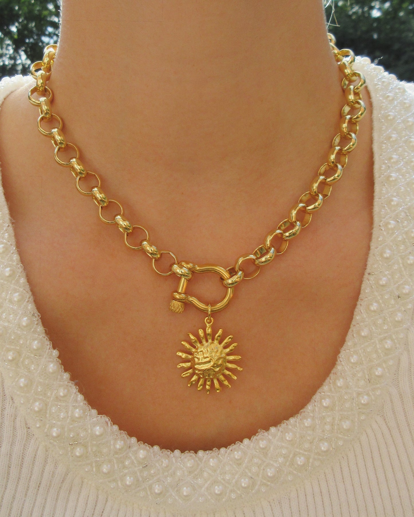 18K Gold Plated Rolo Chain Shackle Necklace with Cross Charm - Customizable