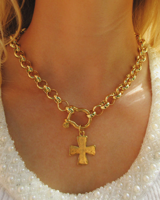 18K Gold Plated Rolo Chain Shackle Necklace with Cross Charm - Customizable
