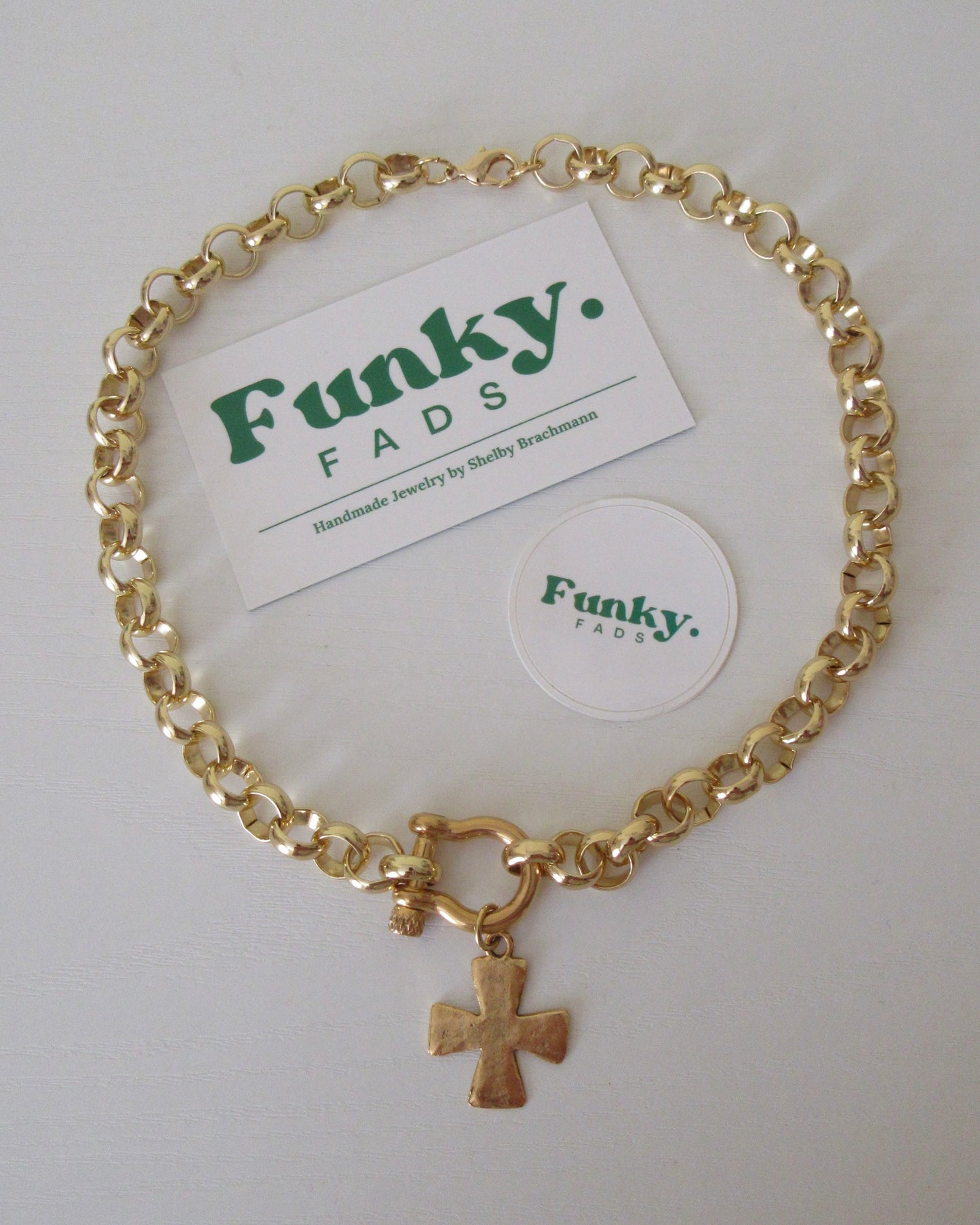 18K Gold Plated Rolo Chain Shackle Necklace with Cross Charm - Customizable