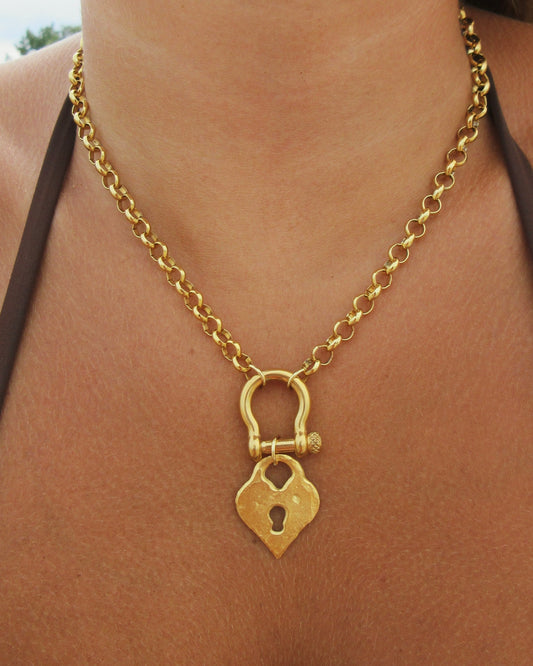 Gold Shackle Necklace with Padlock Heart Charm