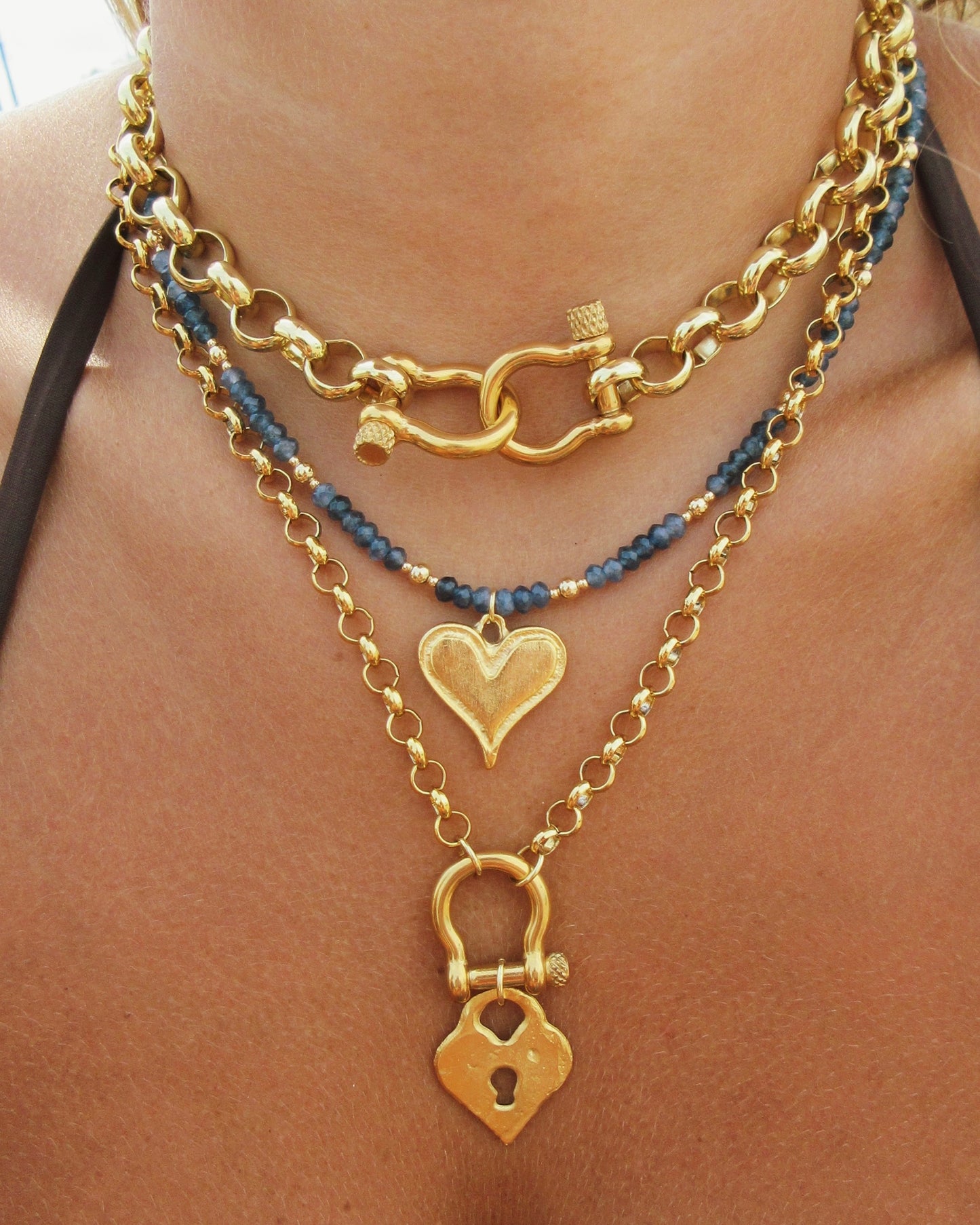 Dyed Agate and Gold Beaded Necklace with Heart Charm