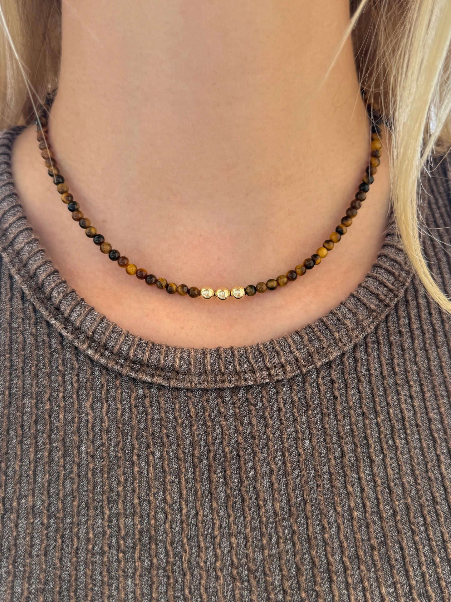 4mm Tiger Eye Beaded Necklace with 6mm 14k Gold Filled Beads