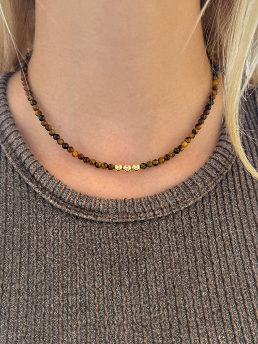4mm Tiger Eye Beaded Necklace with 6mm 14k Gold Filled Beads