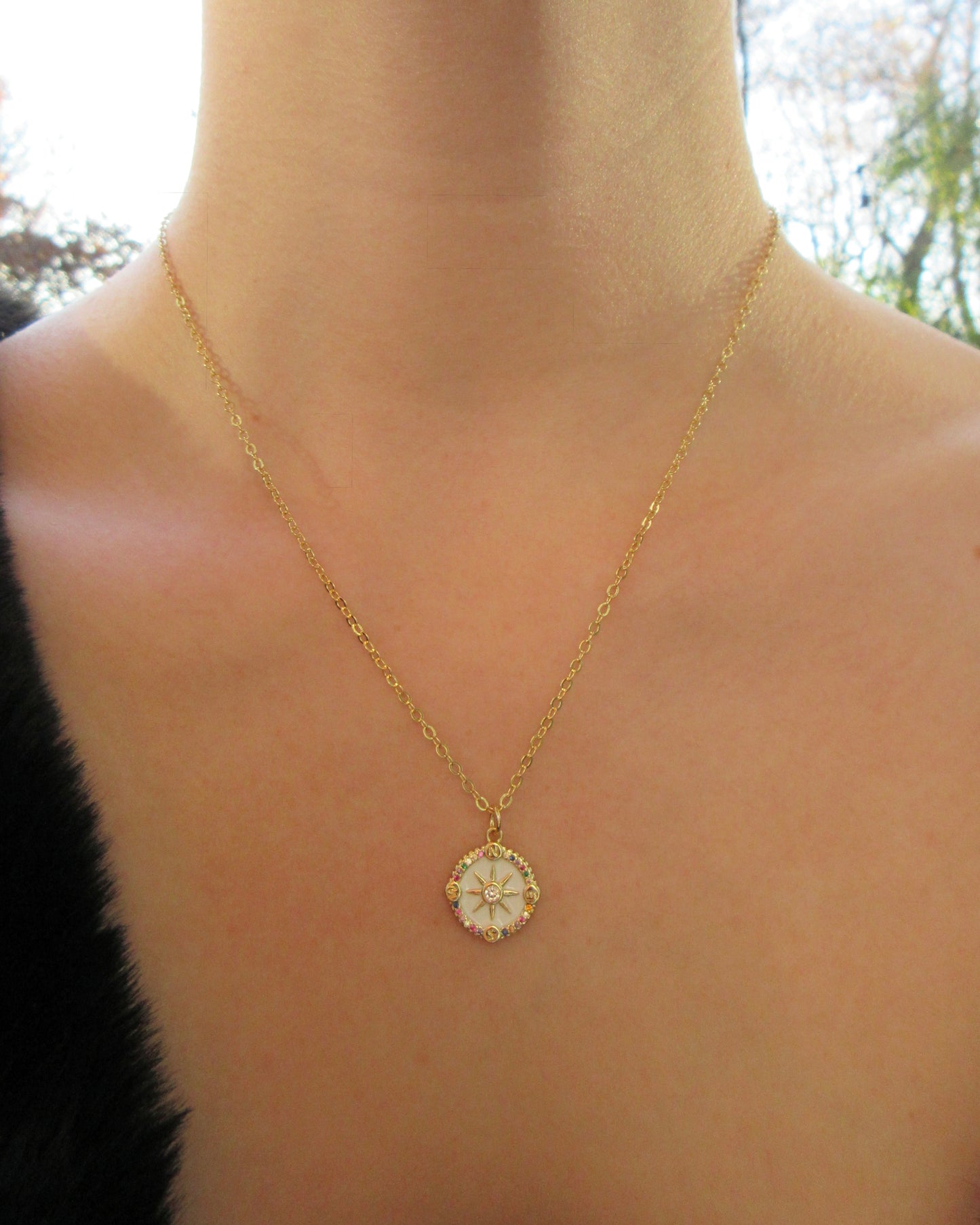 Gold Chain Necklace with Multicolor Compass Charm