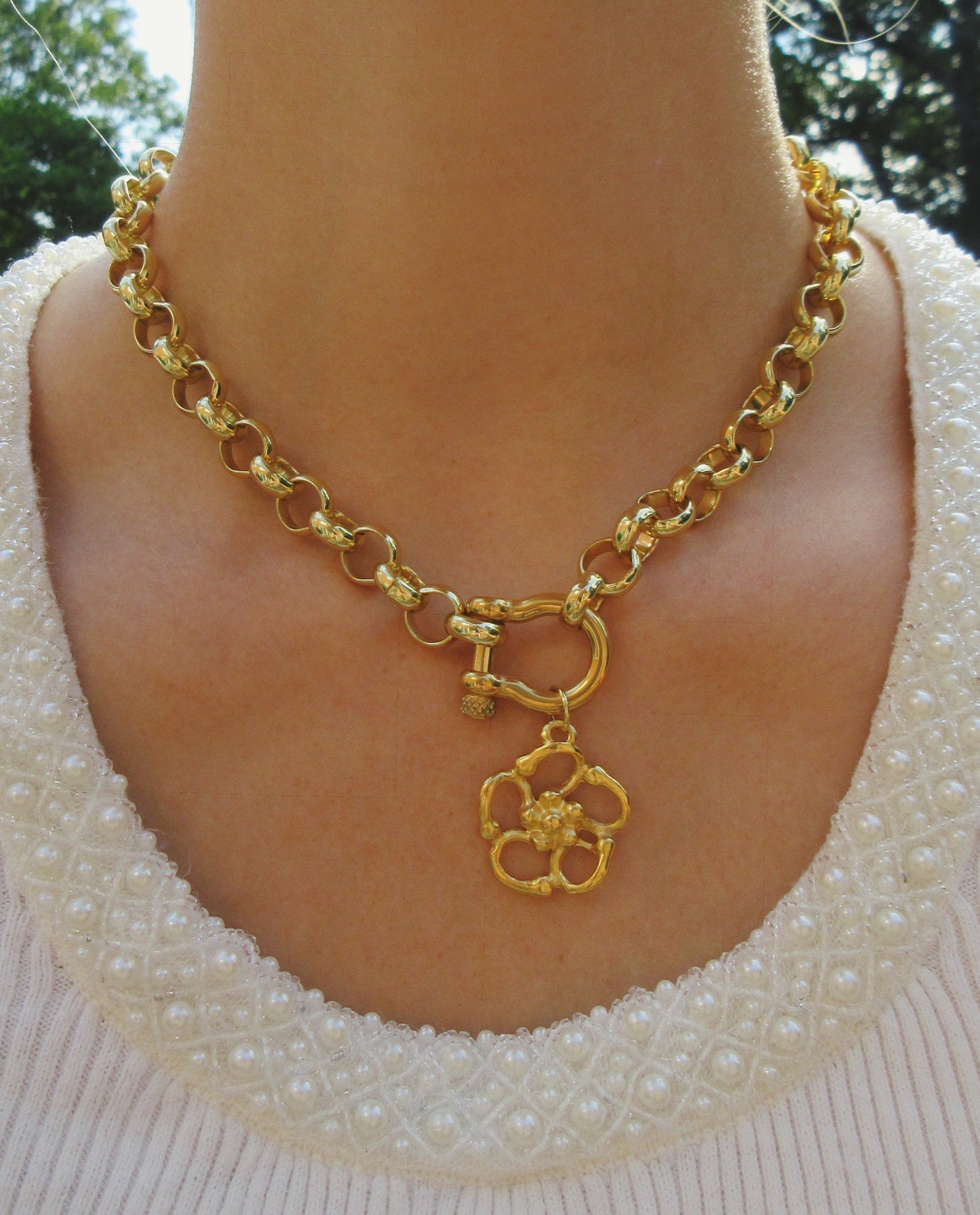 18K Gold Plated Rolo Chain Shackle Necklace with Cross Charm - Customizable