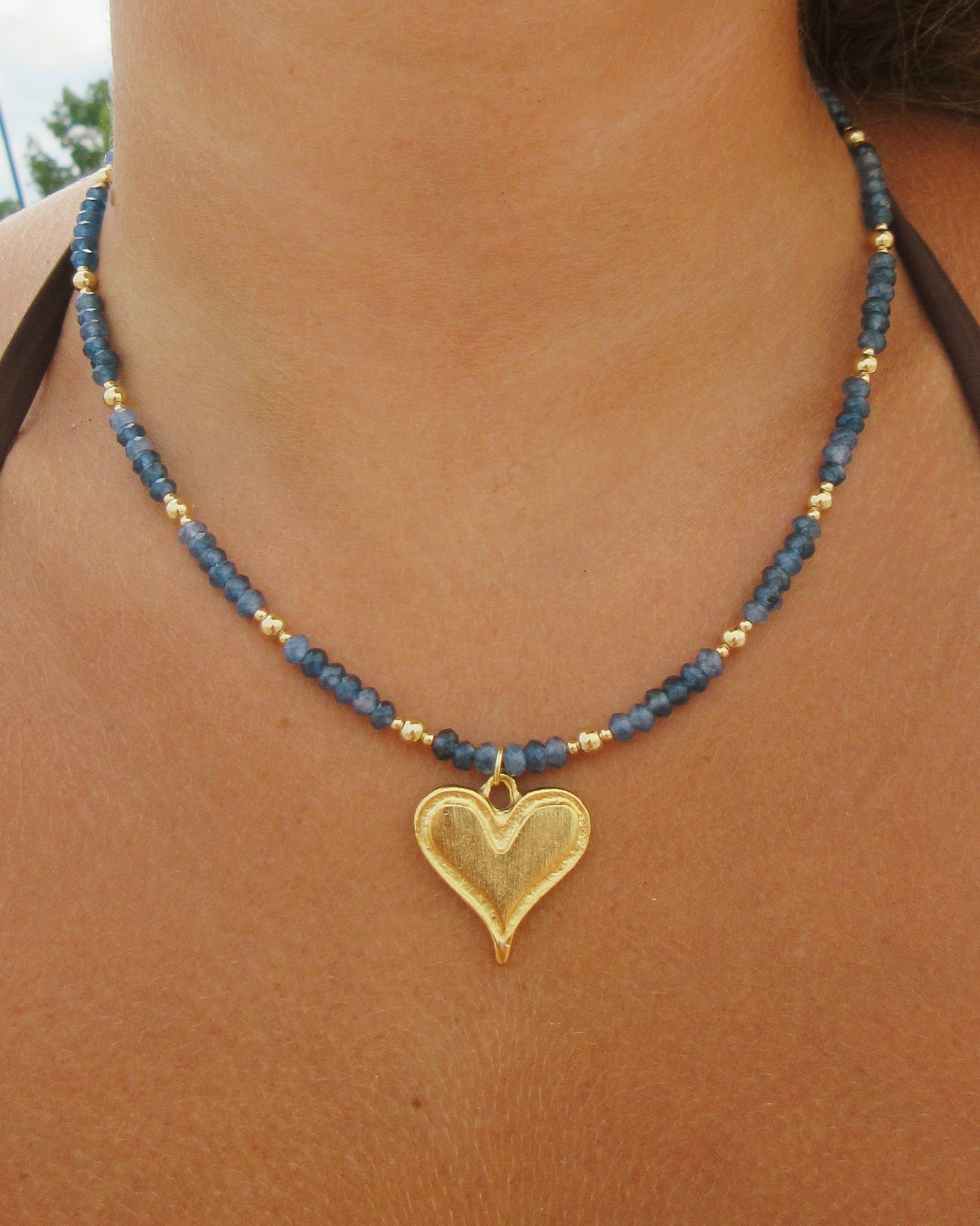 Dyed Agate and Gold Beaded Necklace with Heart Charm