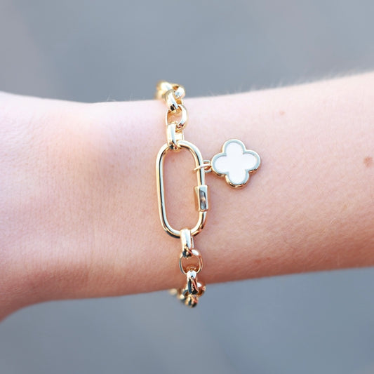 14k Gold Filled Rolo Chain Bracelet with Carabiner and Clover Charm