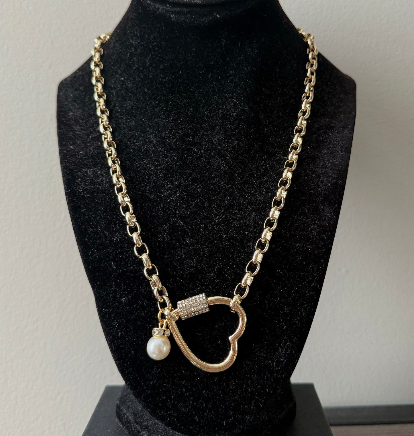 14k Gold Filled Necklace with Heart Carabiner and Pearl