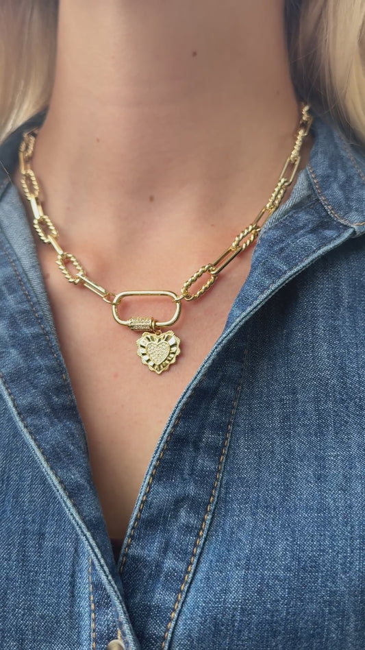 14k Gold Filled Carabiner Charm Necklace with Heart Charm